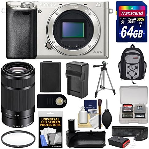 Sony Alpha A6000 Wi-Fi Digital Camera Body (Silver) with 55-210mm Lens + 64GB Card + Backpack + Battery &amp; Charger + Grip + Tripod + Filter Kit