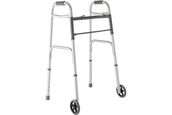 Medline Two-Button Folding Walker with Wheels, 5-Inch