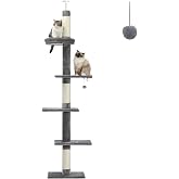 PETEPELA 5-Tier Floor to Ceiling Cat Tree, 95-107In Tall Cat Tower Grey | Cat Activity Center With Scratching Post, Cozy Resting Bed And Dangling Ball Toy, Height Adjustable Design For Indoor Cats