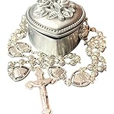elegantmedical HANDMADE SILVER ROSE BEADS CATHOLIC SACRED HEART JESUS HOLY MEDAL ROSARY CROSS NECKLACE & NICE METAL JEWELLERY BOX