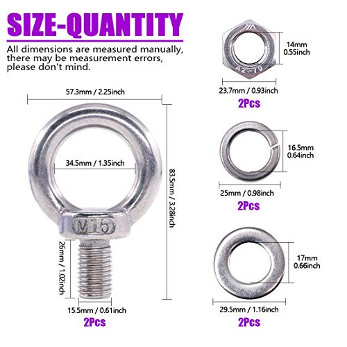 8Pcs 304 Stainless Steel M16 Male Thread Lifting Ring Eye Bolt Kit
