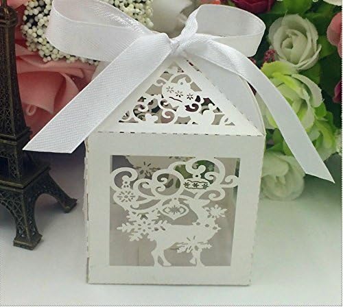 JoinwinLaser Cut 50 PCS Christmas Reindeer candy box white Pearl Paper,Party shower candy box,Christmas decoration Chocolate box
