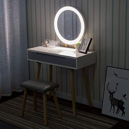 Fullwatt Dressing Table With Led Lights Mirror White Vanity Makeup Table Set With Adjustable Brightness Mirror Cushioned Stool And Free Make Up Organizer Dressing Tables