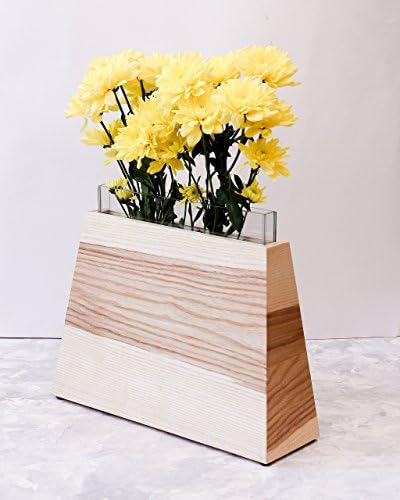 Modern Geometric Flower Glass Bud Vase - Trapezoid Wooden Planter Terrarium Container - Plant Pot Rack Holder - Minimalist Basket Wood Display Stand Indoor Solid Natural Tree Grandma Mothers Day Gift