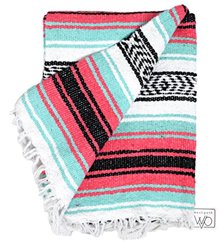 Mint Green and Coral Red Pink Mexican Blanket - Authentic Mexican Flasa - Great Yoga Blanket, Beach Blanket, Picnic Blanket, or Mexican Throw! Handwoven
