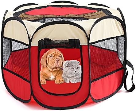 Petoice 2-Door Foldable Portable Waterproof Pet Playpen Kennel Exercise Pens for Dogs Cats Rabbits Outdoor Indoor,Red,S(28.3" L x 28.3" W x 17.7" H)