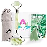 Jade Roller For Face and Gua Sha - Facial Massage Stone Set - Real Jade 100% Natural Massager - Beauty Rollers for Skin Puffiness Wrinkles Anti Aging