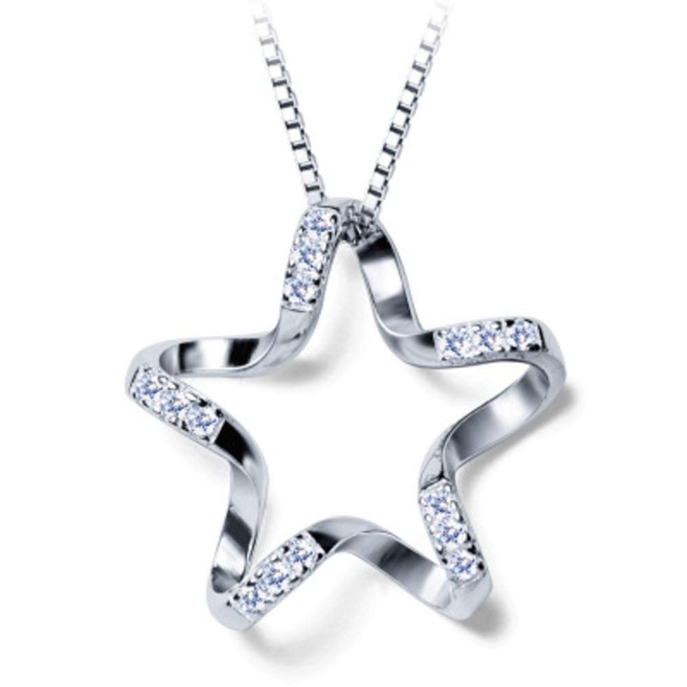 IMINI Crystal Twisted Star Pendant Necklace Sterling Silver for Women Girls Fashion Personalized Jewelry CZ Filigree 18K White Gold Plated Adjustable 18" Box Chain Dainty