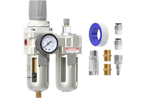 AIRZOE 1/2" NPT Compressed Air Filter Regulator Lubricator Combo, Air Compressor Water Separator AC4010-04,5 Micron Brass Element Semi-Auto Drain,0-145 psi Gauge