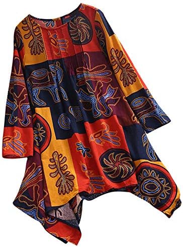 DIKEWANG Women Vintage Bohemian Print Long Sleeve Plus Size Cotton Linen Oversize Loose Irregular Hem Sleeve Baggy Jumper Casual Shirt Blouse Tunic Tops