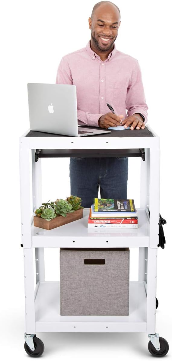 Line Leader White AV Cart | Height Adjustable Top Shelf & Pullout Keyboard Tray | Includes 15 ft Power Cord & Cord Management | Great for Modern Classroom or Workspace (42in x 24in x 18in / White) : Office Products