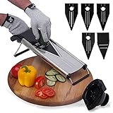 [Improved] Vegetable Mandoline Slicer V-Blade + FREE Cut-Resistant Gloves | Stainless Steel Adjustable Mandolin Slicer, Julienne Cutter | Includes 5 Inserts, Food Holder, Blade Guard &amp; Safety Sleeve