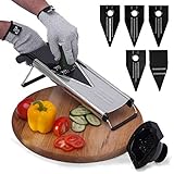 [Improved] Vegetable Mandoline Slicer V-Blade + FREE Cut-Resistant Gloves | Stainless Steel Adjustable Mandolin Slicer, Julienne Cutter | Includes 5 Inserts, Food Holder, Blade Guard & Safety Sleeve