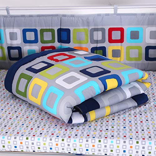 Wowelife Baby Crib Bedding Sets for Boys Blue 8 Piece Square Geometry Nursery Bedding Set for Baby with Bumpers(Blue Lattice-8 Piece)
