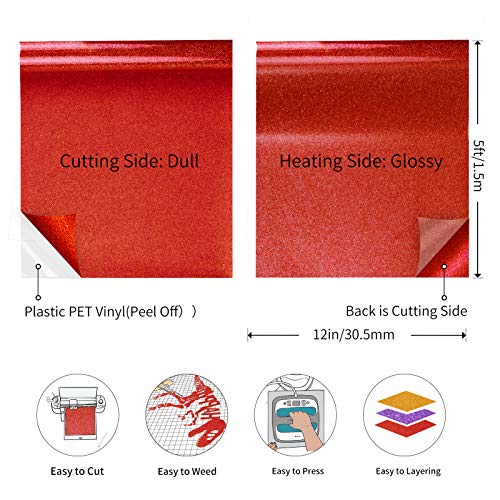 TransWonder Red Glitter HTV Glitter Heat Transfer Vinyl 12inx5ft