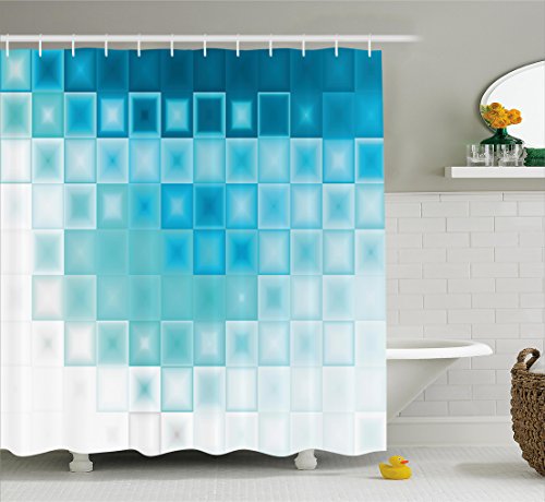 Ambesonne Abstract Shower Curtain, Mosaic Style Soft Toned Fractal Square Shapes with Charming Effects Image Print, Cloth Fabric Bathroom Decor Set with Hooks, 69" W x 70" L, Aqua Blue