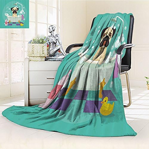 Nalohomeqq nursery Custom Collection Pug Dog in Bathtub Grooming Doggy Puppy Salon Service Shampoo Rubber Duck Pets Cartoon Image Microfiber Fabric Blanket Hypoallergenic Printed Fleece Blanket Teal