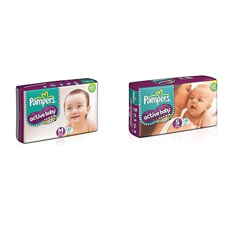 Pampers Active Baby Medium Size Diapers (62 Count) & Pampers Active Baby Diapers, Small (46 Count)