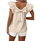 Chvity Women Textured Butterfly Sleeve Blouse Casual Loose Fit Bow Short Sleeve Tops Going Out Office Work Shirts Beige