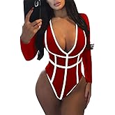 GOKATOSAU Women's Deep V-Neck Long Sleeve Sexy Triangle Bodysuit Stripe Jumpsuits
