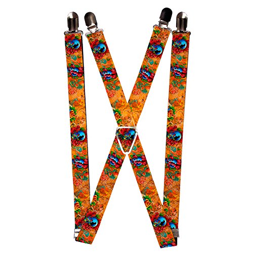 Blue Skulls Red Flowers on Artistic Collage Suspenders