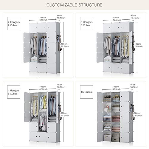 GEORGE&DANIS Portable Wardrobe Plastic Modular Closet Organization Customizable Cube Storage Organizer Bedroom Armoire Dresser, White, 18 inches Depth, 3x5 Tiers