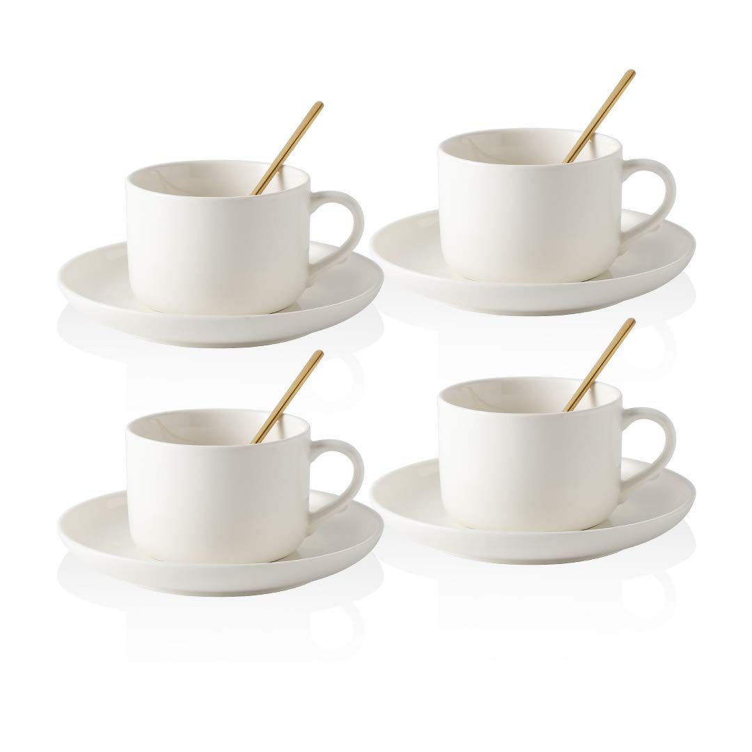 CHILDIKE Porcelain Coffee Cups and Saucers Set of 4 with Gold Spoon 220 ml/ 8 Ounce, Ceramic White Cups for Tea Cappuccino Espresso