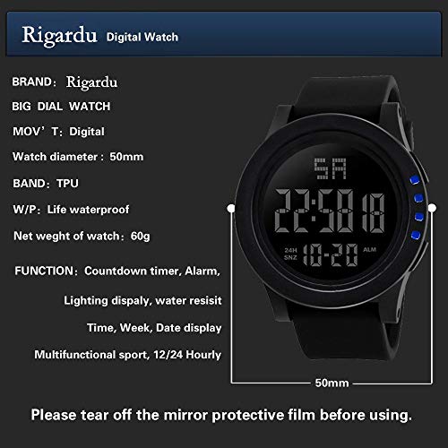 Sport Watch, 50M Waterproof Watch, Sport Wrist Watch for Men Women Kids, Digital Watch with Alarm Date and Time (Black -2) - Thumbnail 3