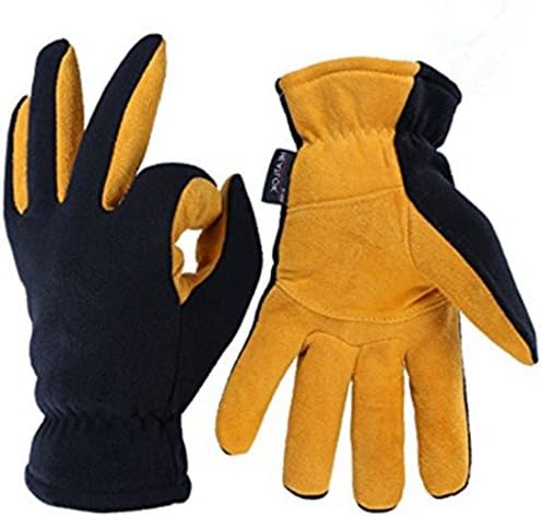 Winter Gloves, -20ºF Cold Proof Thermal Glove - Deer skin Suede Leather Palm and Polar Fleece Back With Heating Insulated Cotton Layer - Keep Warm in Cold Weather （Yellow-Black)(L)
