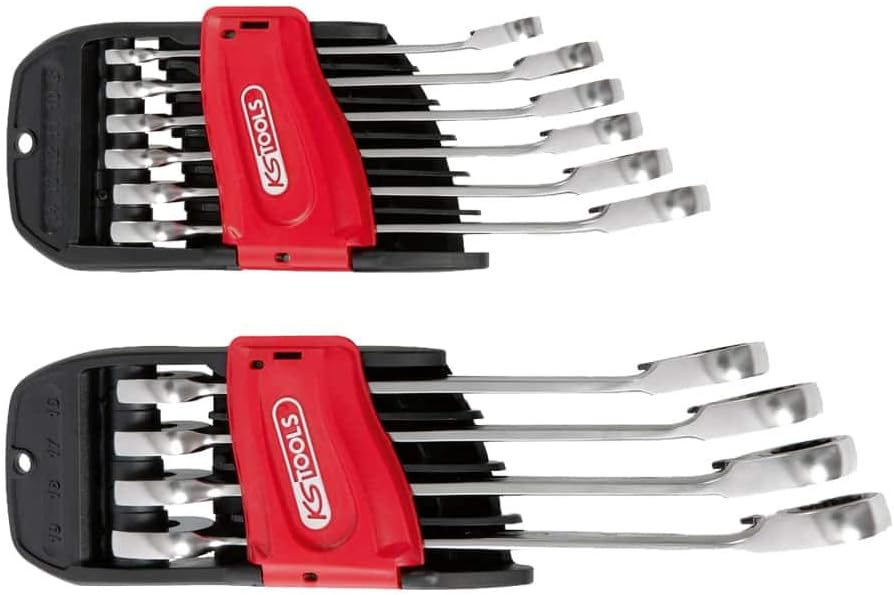 KS Tools 503.4620 Set of 10 Double Ratchet Spanner Set on Stand 8-10-11-12-13-14-16-17-18-19 mm, Chrome Satiné
