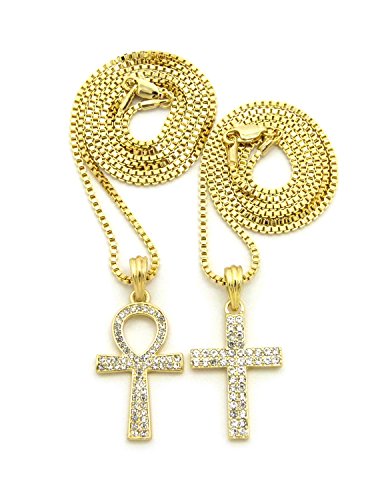 Egyptian Iced Out Cross, Ankh Pendant 18", 20",24",27",30" Box Chain 2 Necklace Set in Gold Tone