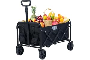 TXZ OUTDOOR Collapsible Folding Wagon, Heavy Duty Foldable Wagon with Wheel, Lightweight Utility Grocery Wagon with 180lbs Weight Capacity for Garden, Beach, Camping Sports, Fishing (Black)