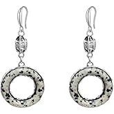 Bohemian Round Spotted Stone Dangle Drop Earrings for Women Vintage Geometric Hollowed Circle Natural Stone Long Statement Dangling Hook Hypoallergenic Fashion Jewelry