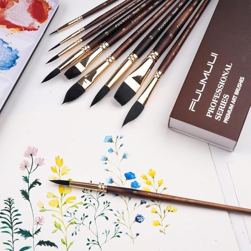 Fuumuui 10Pcs Professional Watercolour Brushes, Synthetic Squirrel Hair Brush Set Variety Shapes with Round Pointed, Flat, Cat's Tongue, Dagger for Watercolour Acrylic Gouache Inks Painting