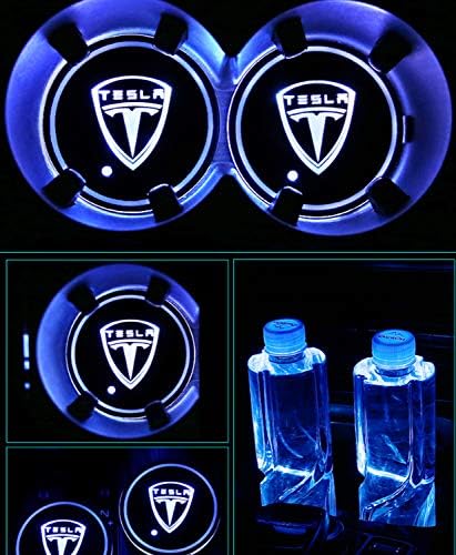 Lntly LED Car Logo Cup Holder Pad Waterproof Bottle Drinks Coaster Built-in Light 7 Colors Changing USB Charging Mat LED Cup Mat Car Atmosphere Lamp 2PCS for AMG Accessories (fit T-esla)