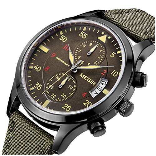 PASOY Men's Military pilot Style Chronograph Dial Sport Watch Green Nylon Strap Day Analog Quartz Watches