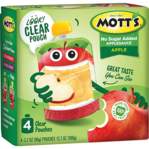 MOTT’S NO SUGAR ADDED APPLESAUCE, 3.2 OZ CLEAR POUCHES, 4 COUNT