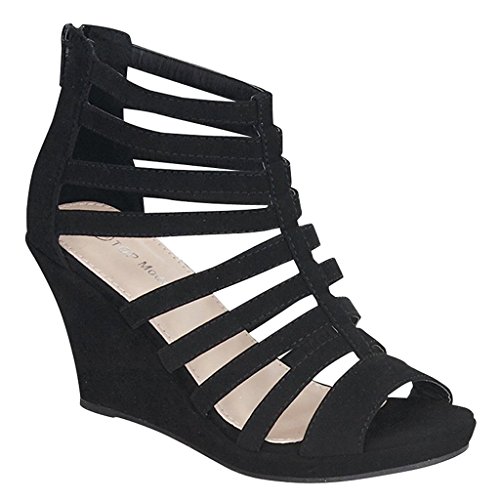 Top Moda Womens Gladiator Inspired Bird Cage Strappy Wedge Sandals Black 8.5