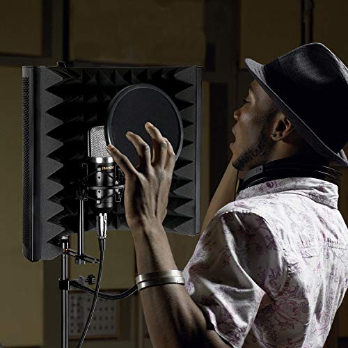 Aokeo Premium Microphone Isolation Shield, Foldable Adjustable Studio Recording Microphone Isolator Panel, Constructed with Industrial Quality Aluminum, High-Density Absorbing Foam With Aokeo Stand