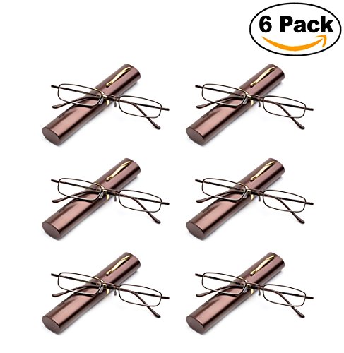 Newbee Fashion - Ultra Slim Compact Unisex Light Weight Spring Temple Reading Glasses w/ Portable Pocket Clip Aluminum Case in 6 Pack
