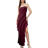 Velius Women Sexy Off Shoulder Strapless Mesh Tassel Ruffle Hem Split Maxi Party Dress