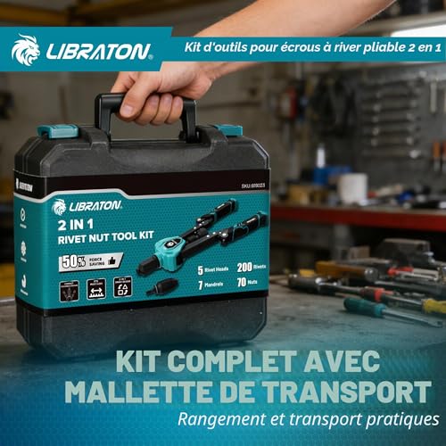 LIBRATON 2 in 1 Folding Threaded Insert Rivet Pliers, 7 Mandrels (M3-M12) & 5 Bits (2.4-6.4mm), Includes 70 Crimp Nuts and 200 Pop Rivets, Powerful Manual Tool for Auto and DIY