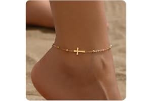 JotCa 18K Gold Plated Boho Beaded Anklets for Women Dainty Gold Layered Round Ball Ankle Bracelet Pearl Cross Anklet Bracelet Waterproof Gold Jewelry