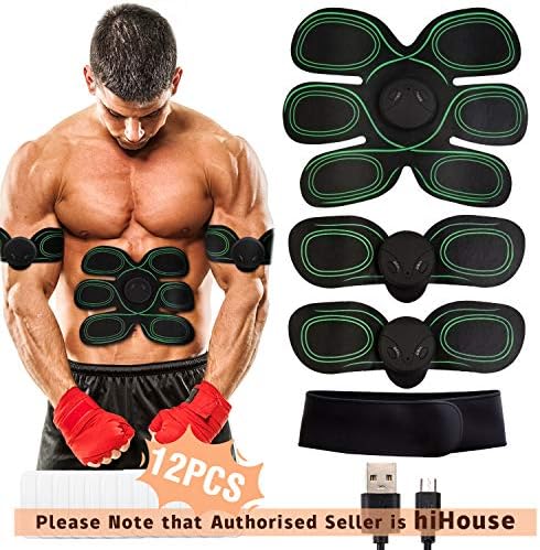 HONITURE Muscle Stimulator, EMS Abs Trainer Abdominal Belt USB Rechargeable Muscles Toner for Abs Arms Legs with 12PCS Replacement Gel Pads & Abs Support Belt & 8 Modes 10 Levels for Men&Women