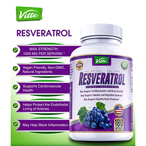 100 Pure Resveratrol 1000mg Per Serving Max Strength 180 Capsules