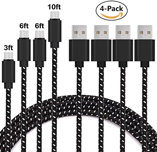 Micro USB Cable, 4-Pack 3ft / 6ft / 6ft / 10ft Nylon Braided Android Charger USB to Micro USB Charging Cable for Android, Sumsung, Nexus, LG, Sony, Xbox, PS4 and More By Trippix (Black)