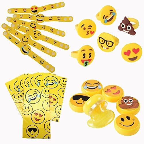 Emoji Party Favors | Set of 48 | 12 Emoji Slimes, 12 Bracelets, 12 Rings & 12 Party Favor Bags | Birthday Goody Supplies for Kids - Girls and Boys