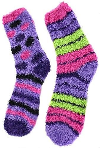 Cathy Rose Women's Cozy Butter Fuzzy Slipper Socks Polka Dots, Stripes (2 Pair Pack) (Purple &amp; Green)
