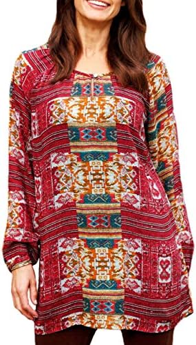 Ladies Red Pattern Long Sleeve Tunic Top in UK Sizes 12-26 (EU 38-52)