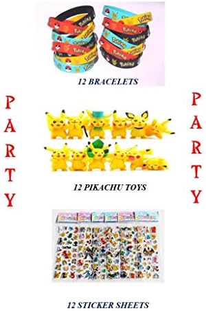 EPIK Bundle (12 Count) Pokemon Style Party Supplies Silicone Wristband Bracelet Favors + (12 Count) Pikachu Pokemon Style Character Toys + BONUS (12 Sheets) Pokemon Style Stickers